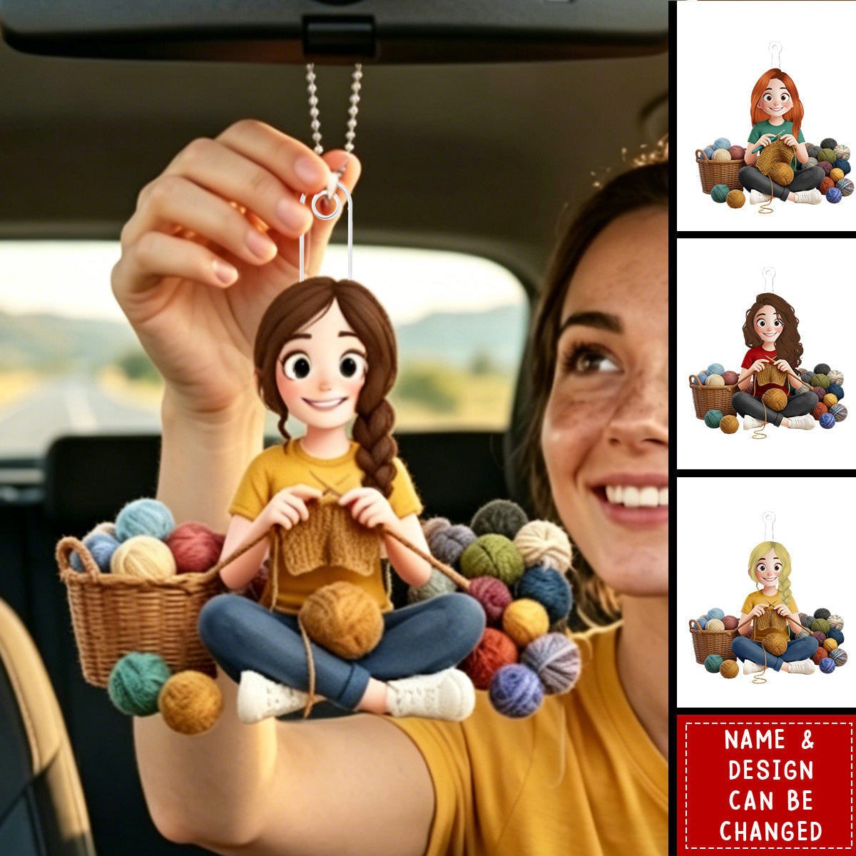 Personalized Acrylic Car Hanger with Cute Crocheting Woman, Warm Yarn Art, Unique Gift for Craft Lovers