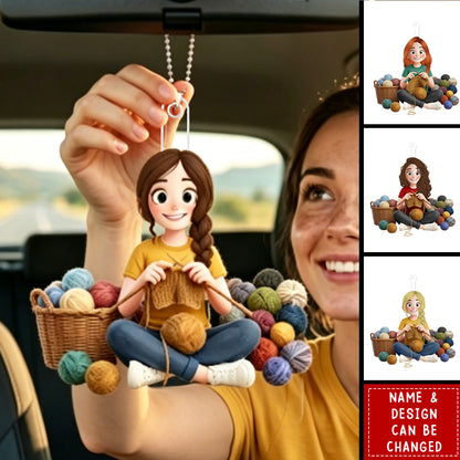 Personalized Acrylic Car Hanger with Cute Crocheting Woman, Warm Yarn Art, Unique Gift for Craft Lovers