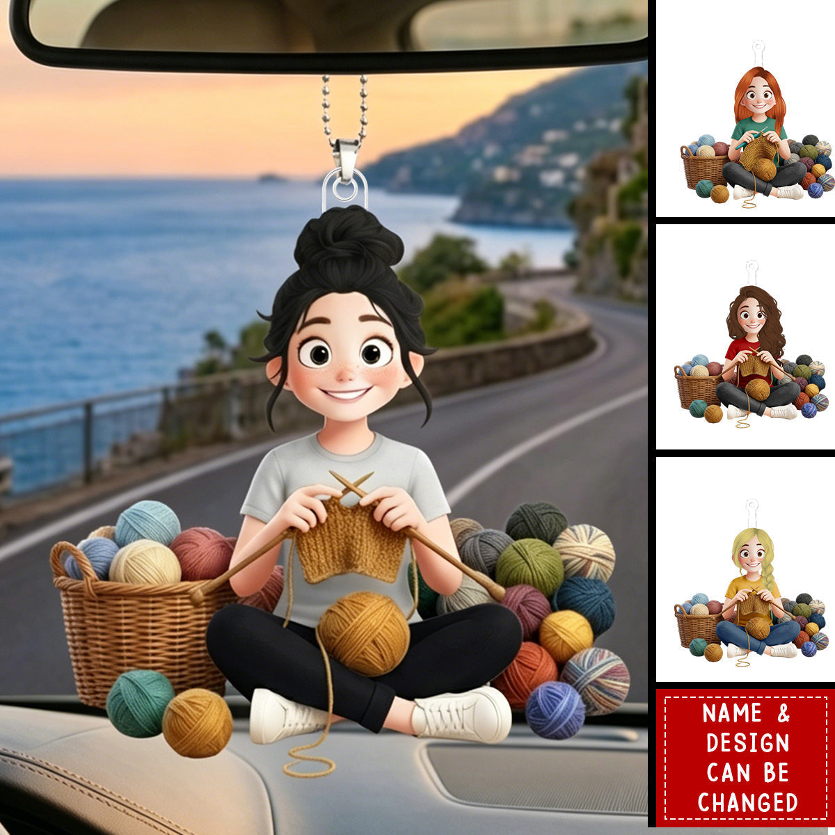 Personalized Acrylic Car Hanger with Cute Crocheting Woman, Warm Yarn Art, Unique Gift for Craft Lovers
