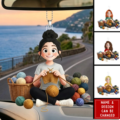 Personalized Acrylic Car Hanger with Cute Crocheting Woman, Warm Yarn Art, Unique Gift for Craft Lovers