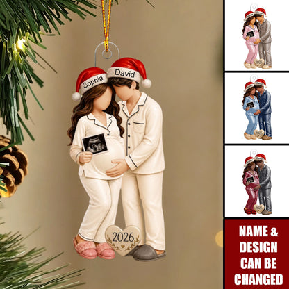Pregnancy Acrylic Ornament, Personalized Couple in Santa Hats with Ultrasound, Unique Gift for Expecting Parents