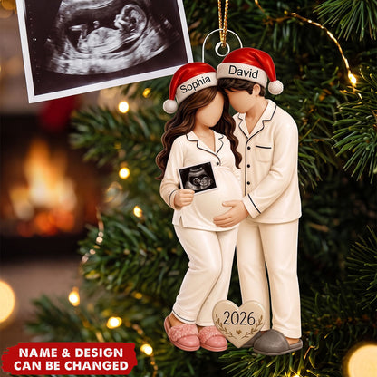 Pregnancy Acrylic Ornament, Personalized Couple in Santa Hats with Ultrasound, Unique Gift for Expecting Parents