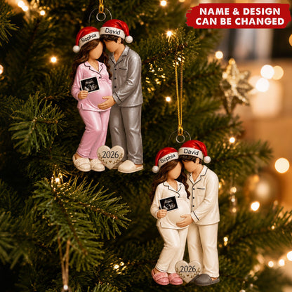 Pregnancy Acrylic Ornament, Personalized Couple in Santa Hats with Ultrasound, Unique Gift for Expecting Parents