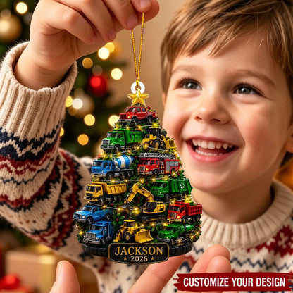 Personalized Acrylic Ornament with Colorful Truck Tree, Unique Christmas Gift for a Truck Loving Child