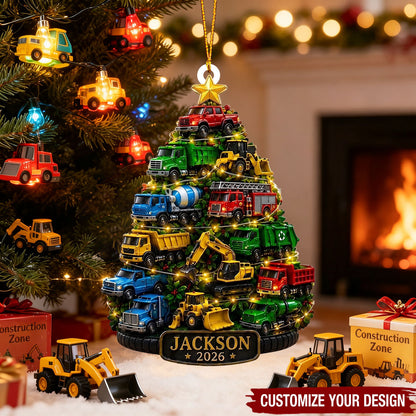 Personalized Acrylic Ornament with Colorful Truck Tree, Unique Christmas Gift for a Truck Loving Child