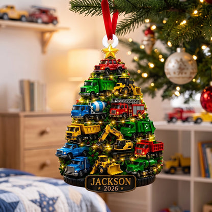 Personalized Acrylic Ornament with Colorful Truck Tree, Unique Christmas Gift for a Truck Loving Child