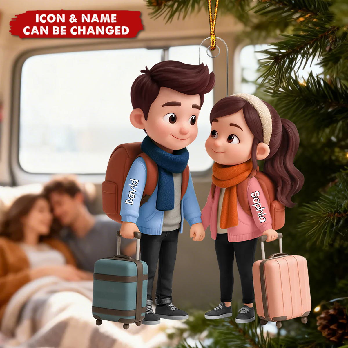 Personalized Acrylic Ornament Travel Couple with Suitcases and Backpacks Unique Gift for Adventure Lovers Cute Display Keepsake