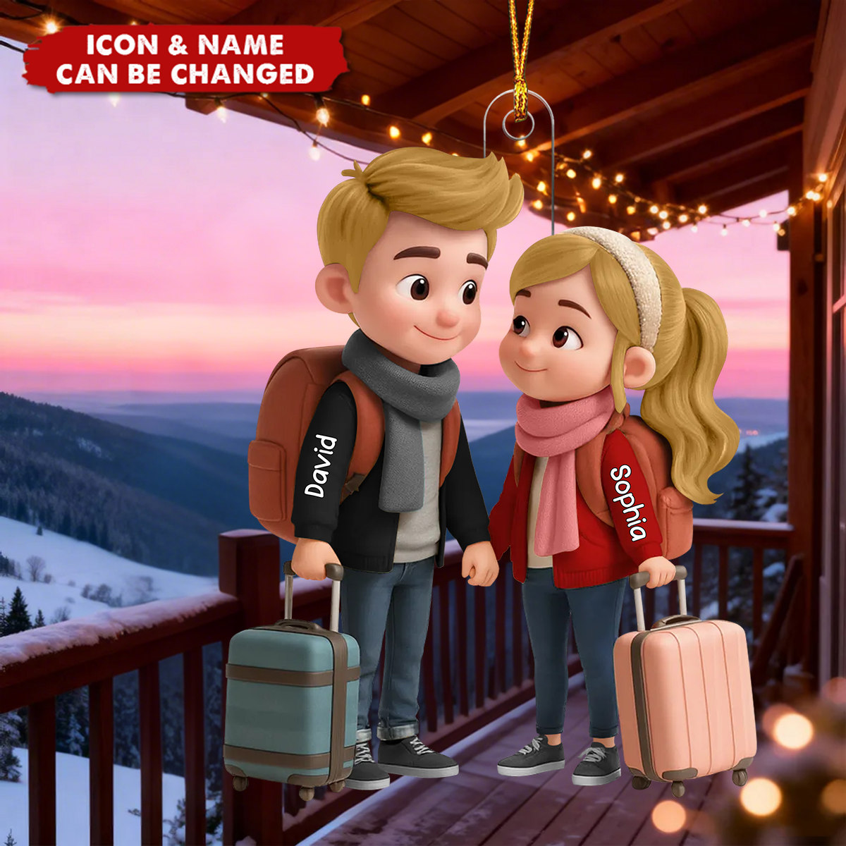 Personalized Acrylic Ornament Travel Couple with Suitcases and Backpacks Unique Gift for Adventure Lovers Cute Display Keepsake