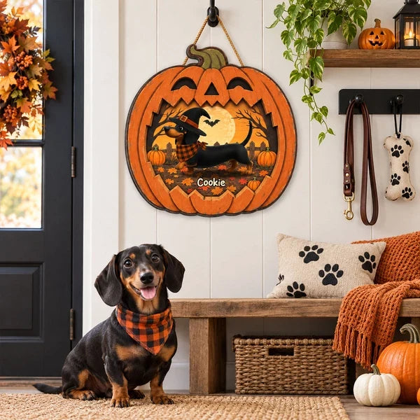 Personalized Wooden Sign, Dachshund in a Moonlit Pumpkin Patch, Creative Halloween Keepsake Gift for Pet Owners