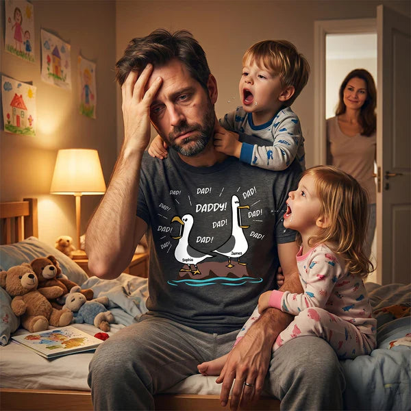 Classic Tee for Dad With Cartoon Seagulls and Daddy Text, Creative Father's Day Gift