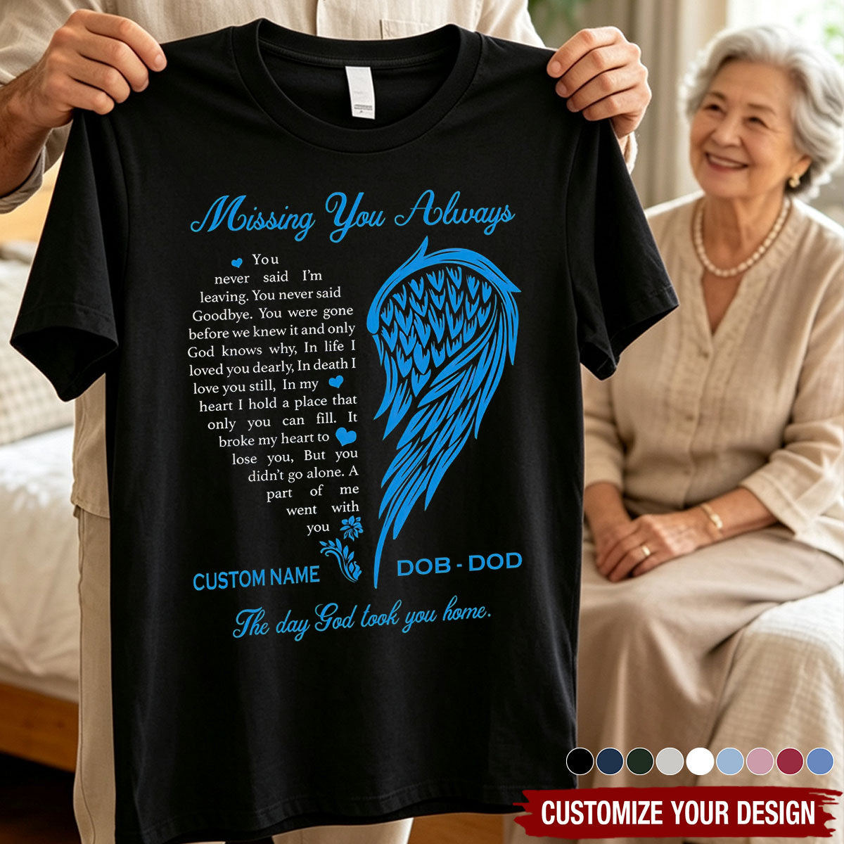 Classic Tee With Missing You Always Quote & Angel Wing, Creative Sympathy Gift for Loved One Memory