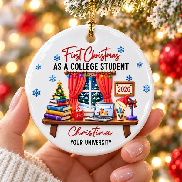 Personalized Ceramic Ornament, Colorful College Study Desk, Unique Christmas Gift for College Student
