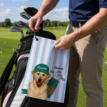 Personalized Waffle Weave Golf Towel With Dog Caddy Art, Unique Golf Course Gift For Dad