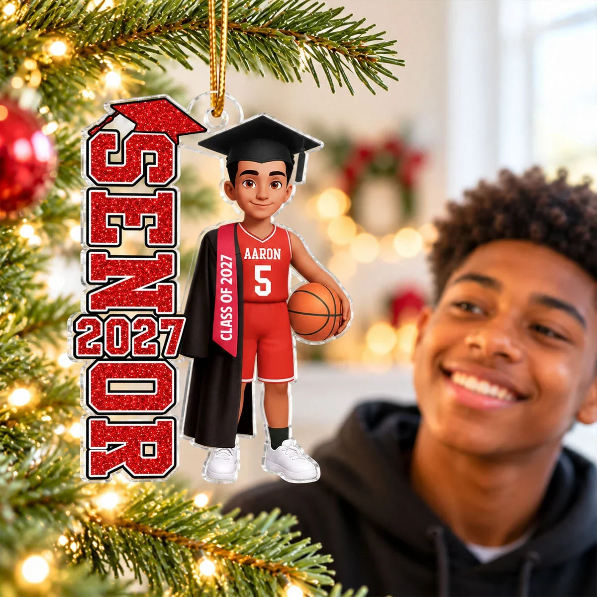 Personalized Acrylic Ornament, Basketball Graduate Holding a Ball, Unique Senior Gift for Son or Daughter