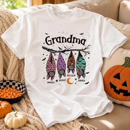 Personalized Classic Tee with Cute Bats Hanging from a Branch, Creative Halloween Gift for Grandma