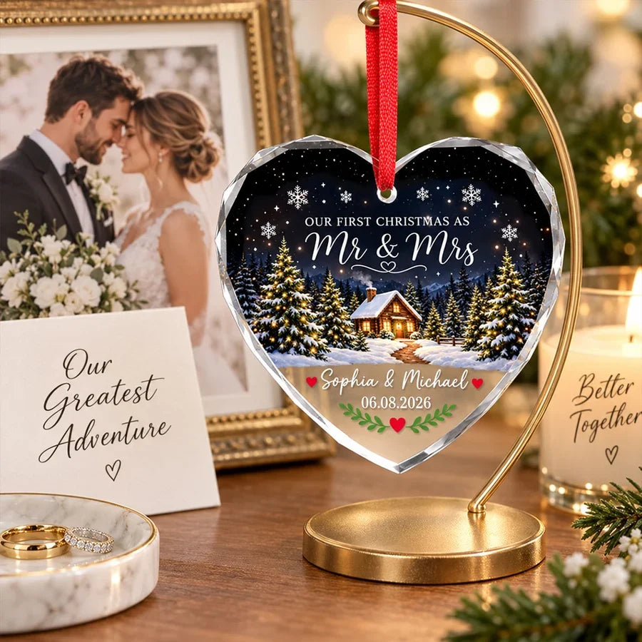 Personalized Crystal Heart Ornament, First Christmas as Mr & Mrs, Snowy Cabin Unique Gift for Couple