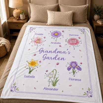 Personalized Fleece Blanket Held by Kids, Grandma's Garden Birth Flower Doodles, Unique Gift for Grandma
