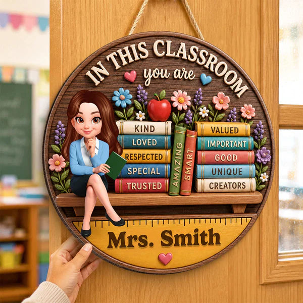 Personalized Wooden Sign for Teacher, Classroom Door Decor with Cartoon Teacher & Books, Unique Gift