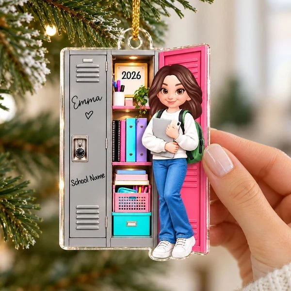 Personalized Acrylic Ornament, Cartoon Student Standing by a School Locker, Unique Christmas Gift for Teens