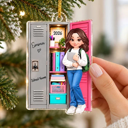 Personalized Acrylic Ornament, Cartoon Student Standing by a School Locker, Unique Christmas Gift for Teens