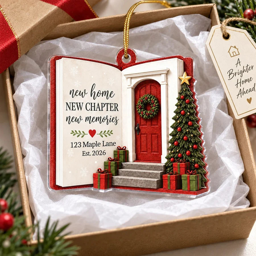 Personalized Acrylic Ornament, Red Door and Christmas Tree New Home Scene, Unique Housewarming Gift for Family