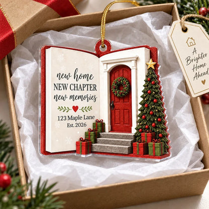 Personalized Acrylic Ornament, Red Door and Christmas Tree New Home Scene, Unique Housewarming Gift for Family