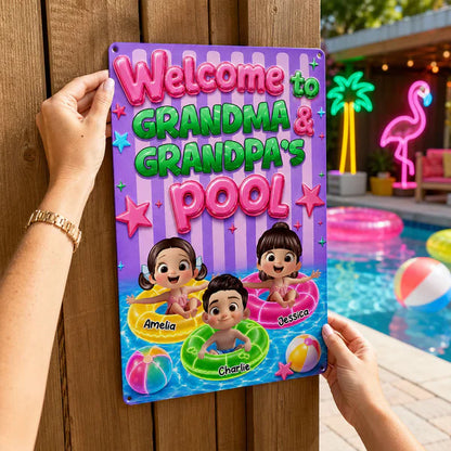 Personalized Rectangular Iron Sign, Neon Grandma & Grandpa Pool Decor, Unique Gift for Grandparents