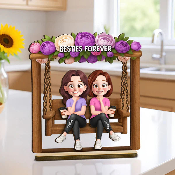 Personalized Layered Wooden Plaque, Friends On Swing Flower Art, Unique Creative Gift For Sister