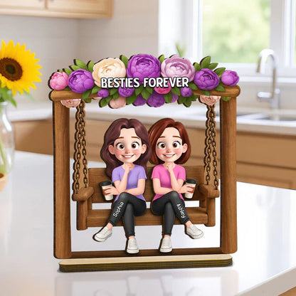 Personalized Layered Wooden Plaque, Friends On Swing Flower Art, Unique Creative Gift For Sister