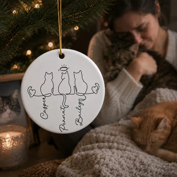 Personalized Ceramic Ornament with Halo Cat Silhouettes, Unique Pet Memorial Gift for Cat Owners