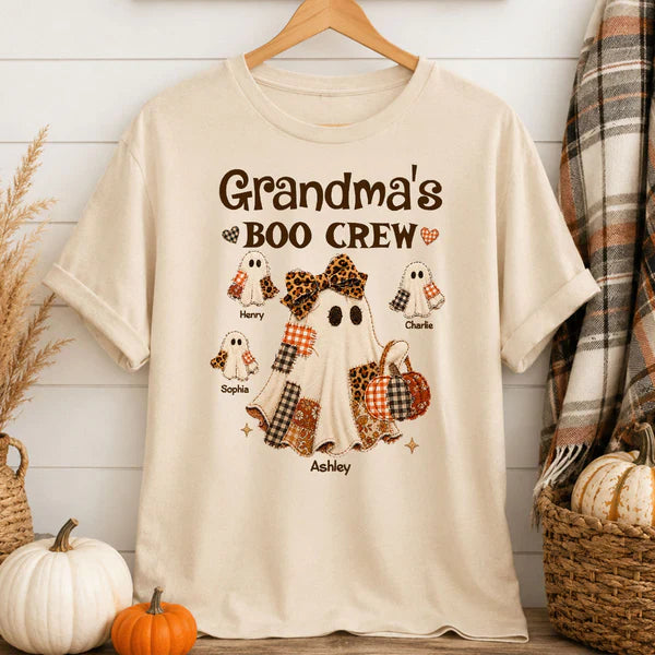 Personalized Classic Tee for Grandma, Boo Crew Ghost Design, Unique Halloween Gift