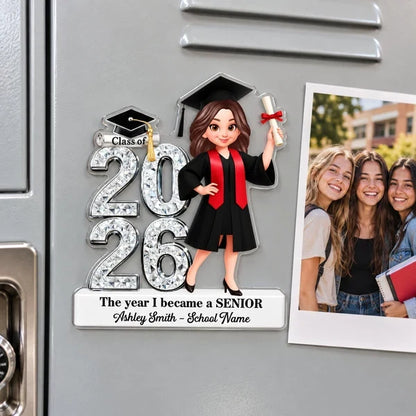 Personalized Acrylic Fridge Magnet, Cartoon Graduate Holding Diploma, Unique Gift for High School Senior