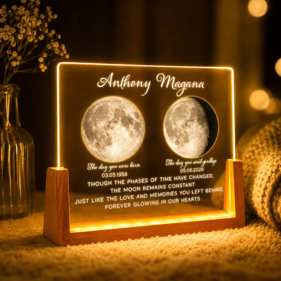 Personalized LED Light Frame with Moon Phase Memorial Art, Unique Sympathy Gift for Family Keepsake
