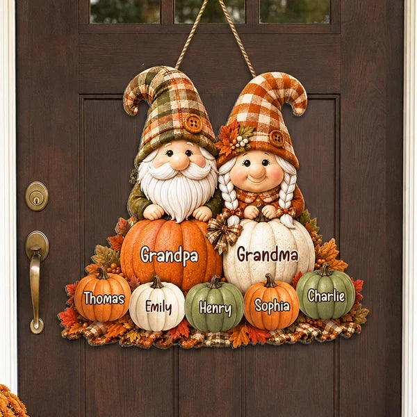 Personalized Wooden Sign, Grandparent Gnomes Seated in a Fall Pumpkin Patch, Unique Gift for Grandma and Grandpa