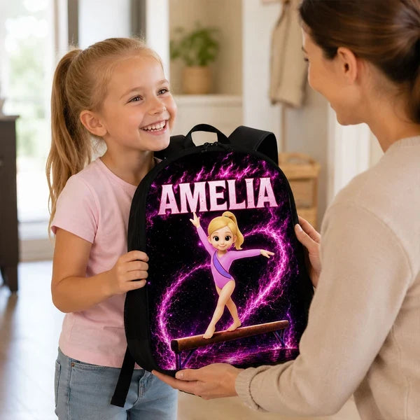 Kids School Backpack with Neon Gymnast Art, Unique Creative Gift to Cheer Daughter & Granddaughter