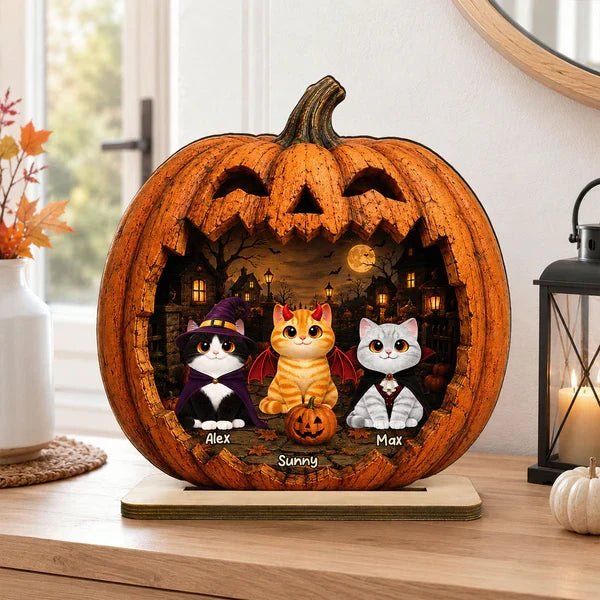 Custom 2-Layer Wooden Plaque, Moonlit Pumpkin Cat Keepsake, Unique Creative Gift for Pet Owners
