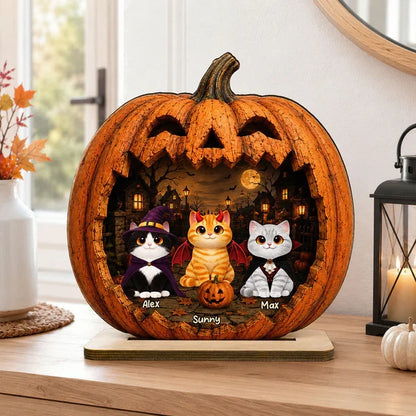Custom 2-Layer Wooden Plaque, Moonlit Pumpkin Cat Keepsake, Unique Creative Gift for Pet Owners