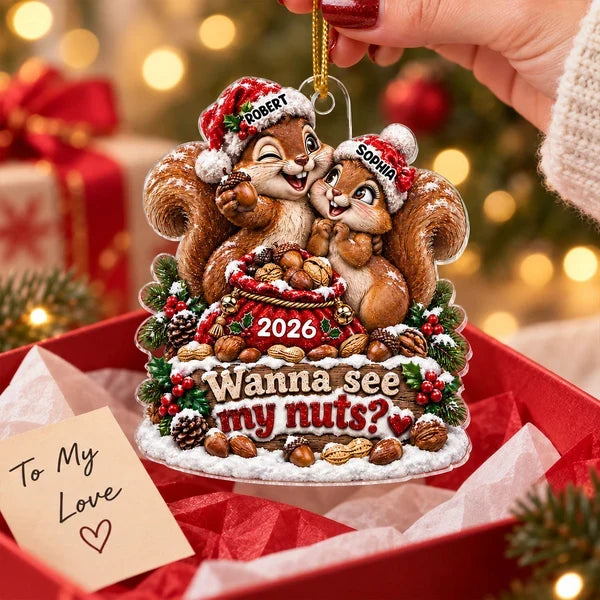 Personalized Acrylic Ornament with Cuddling Christmas Squirrels, Creative Gift for Couples