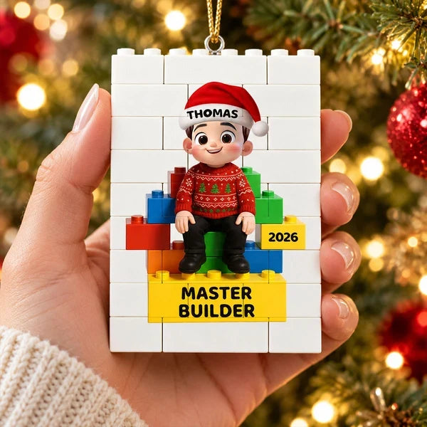 Personalized Building Block Ornament, Sitting Child Master Builder Design, Unique Christmas Gift for Kids
