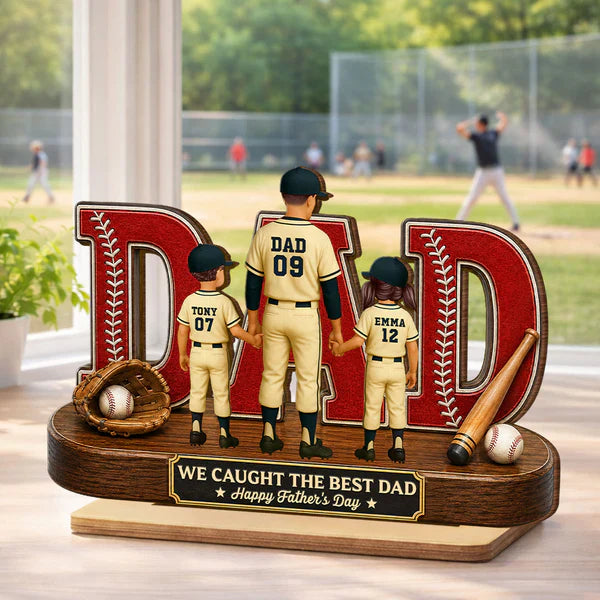 Personalized 2-Layer Wooden Plaque for Dad, Baseball All-Star Family Unique Gift with Kids Holding Hands