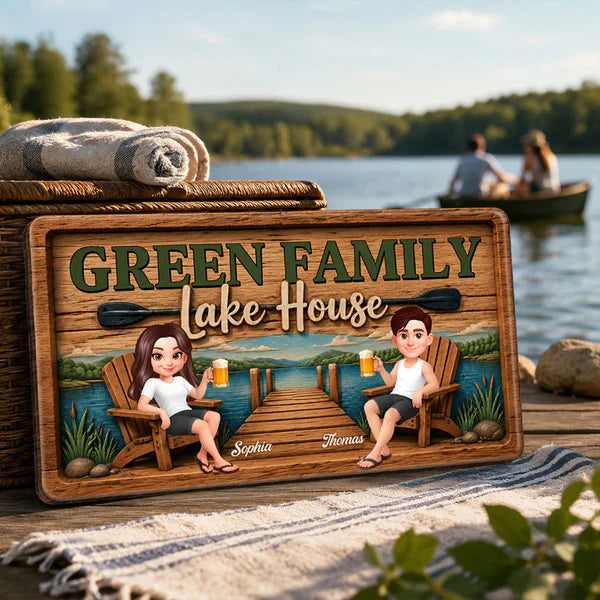 Personalized Wooden Sign, Seated Lake House Couple Illustration, Unique Gift For Family Retreat Decor