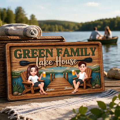 Personalized Wooden Sign, Seated Lake House Couple Illustration, Unique Gift For Family Retreat Decor