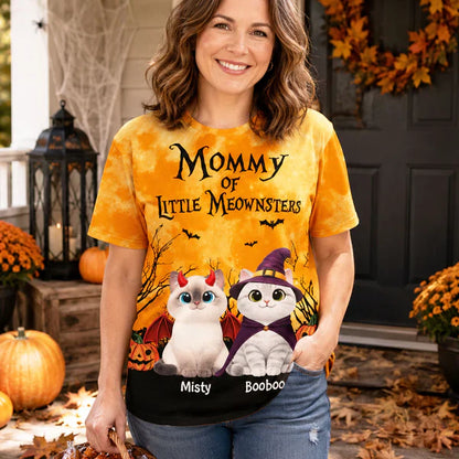 Personalized Printed Classic Tee for Cat Mom, Halloween Cats With Pumpkins & Bats, Unique Gift