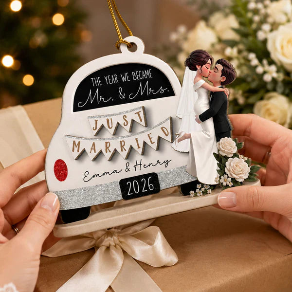 Personalized 2-Layer Wooden Ornament, Kissing Bride & Groom Creative Wedding Gift for Couple