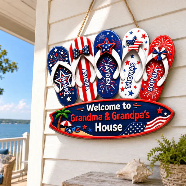 Personalized Wooden Sign With Patriotic Flip Flops, Unique Gift for Grandma & Grandpa