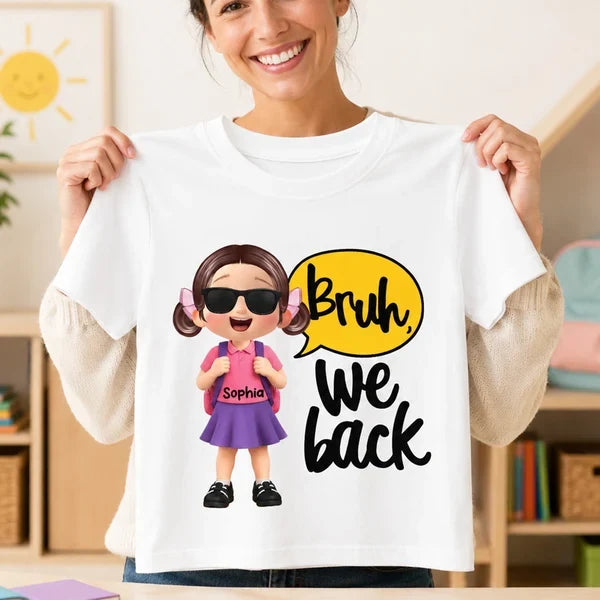 Personalized Youth Tee with Backpack Schoolboy and Bruh We Back Quote, Creative Back to School Gift for Kids