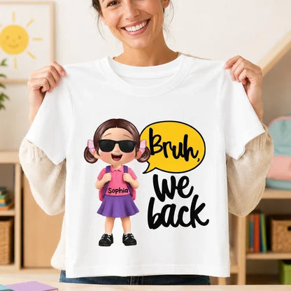 Personalized Youth Tee with Backpack Schoolboy and Bruh We Back Quote, Creative Back to School Gift for Kids