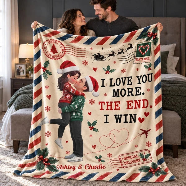 Personalized Fleece Blanket, Kissing Couple in a Vintage Christmas Scene, Unique Gift for Your Partner