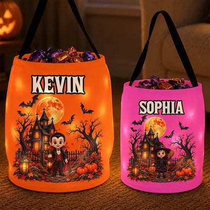 Personalized LED Light Up Fabric Basket, Kids Carrying Candy in a Glowing Halloween Scene, Creative Gift