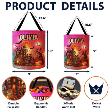 Personalized LED Light Up Fabric Basket, Kids Carrying Candy in a Glowing Halloween Scene, Creative Gift